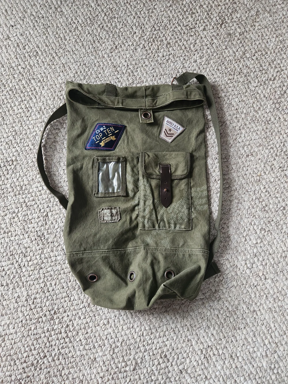 Avirex Y2K Olive Green Canvas Roll-Top Backpack with Patch Details